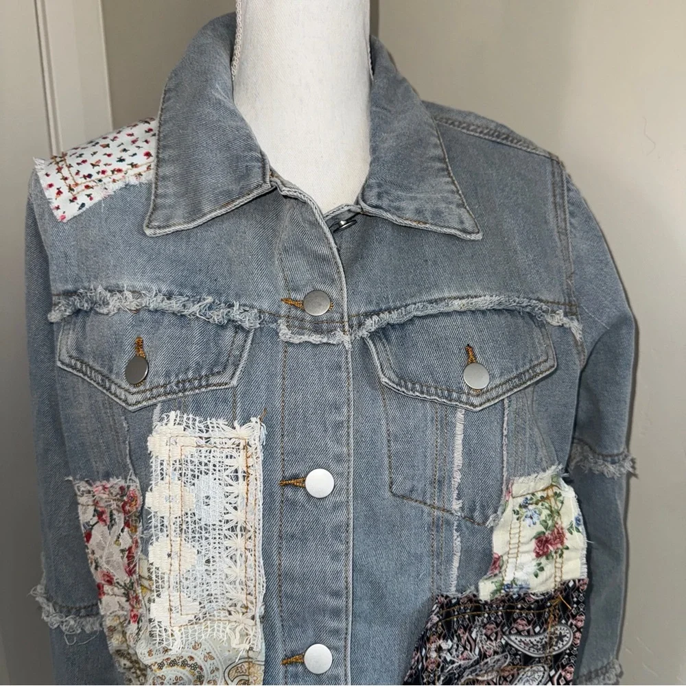 Patchwork Denim and Lace Jacket Distressed Boho Denim Shacket Mixed Floral Lace - Picture 6 of 17
